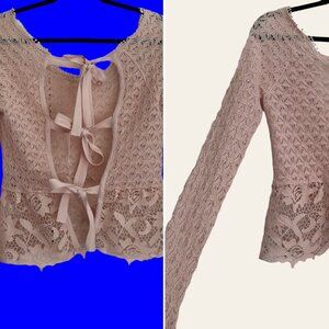 Free People Boho Open Knit Crochet Lace Flounce Tie Open Back XS Top Pink EUC